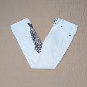 White True Religion Jeans With A Black And Mirrored Sequin Eagle Hawk Bird
